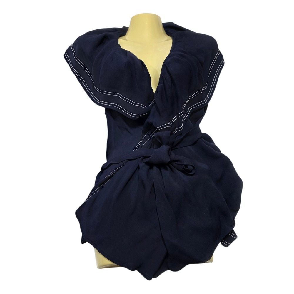 Tory Burch Navy Blue Wrap Style Blouse Top With‎ White Stitching Size 4 READ